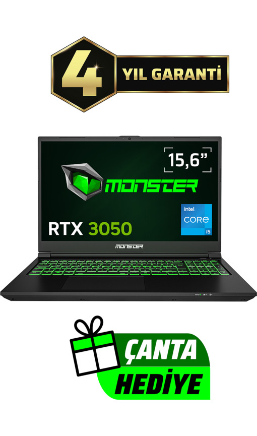MONSTER Abra A5 V21.5.7/Intel Core i5 12450H/8 GB Ram/500GB SSD/RTX 3050/15.6