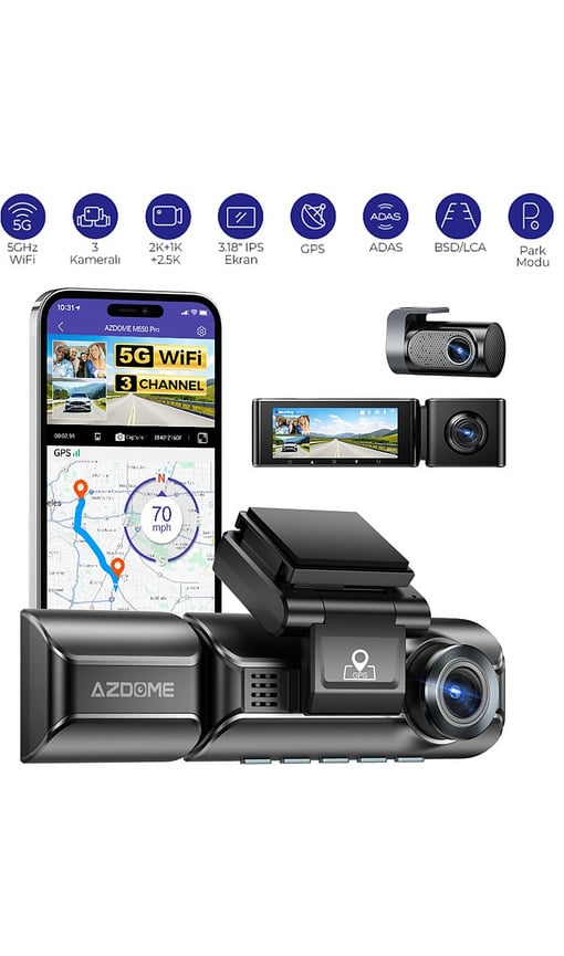 AZDOME M550 Pro 3 Kameralı 150 ° Görüş Açışı 4K Ultra HD Gece Görüşlü WiFi Araç İçi Kamera