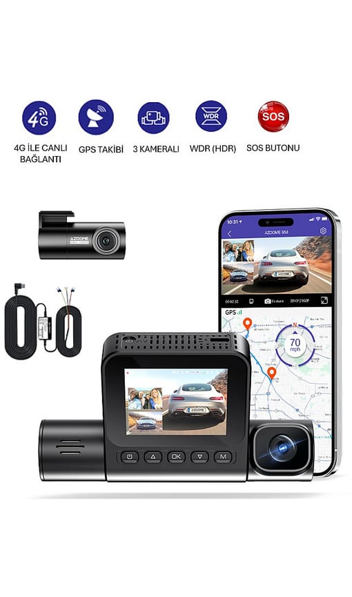 AZDOME S58 4G 3 Kameralı 150 ° Görüş Açışı 4K ULTRA HD  Gece Görüşlü WiFi GPS Sim Kartlı Araç İçi Kamera (Filo Araç Yönetimine uygun)